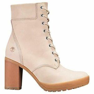 TIMBERLAND WOMENS CAMDALE CHUNKY HEEL 6" INCH BOOTS LIGHT TAUPE NUBUCK A1W6T
